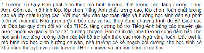 Mô hình trường lớp trường Dân lập Lê Quý Đôn, cấp THCS tại quận Nam Từ Liêm, Hà Nội (Ảnh: website nhà trường)