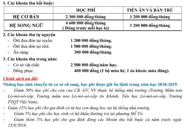 Học phí Trường Tiểu học tập Lômônôxốp, quận Nam Từ Liêm, thủ đô (Ảnh: trang web trường)