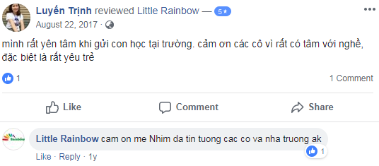 Nhận xét, đánh giá của phụ huynh về trường mầm non Cầu Vồng Nhỏ - Little Rainbow tại quận Hoàng Mai, Hà Nội (Ảnh: FB trường)
