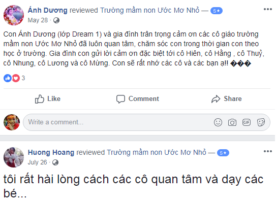 Nhận xét, đánh giá của phụ huynh về trường mầm non Ước mơ nhỏ - Little Dream tại quận Hoàng Mai, Hà Nội (Ảnh: FB trường)