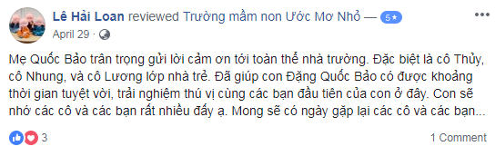 Nhận xét, đánh giá của phụ huynh về trường mầm non Ước mơ nhỏ - Little Dream tại quận Hoàng Mai, Hà Nội (Ảnh: FB trường)