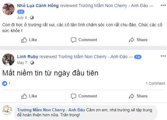 Nhận xét, đánh giá của phụ huynh về trường mầm non Cherry - Anh Đào quận Hoàng Mai, Hà Nội (Ảnh: FB trường)