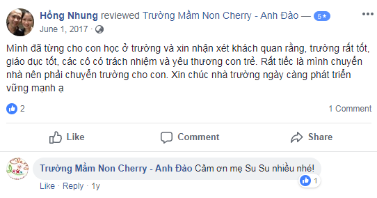 Nhận xét, đánh giá của phụ huynh về trường mầm non Cherry - Anh Đào quận Hoàng Mai, Hà Nội (Ảnh: FB trường)
