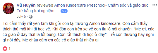 Nhận xét, đánh giá của phụ huynh về trường mầm non Amon Kindercare tại quận Nam Từ Liêm, Bắc Từ Liêm, Hà Nội (Ảnh: FB trường)