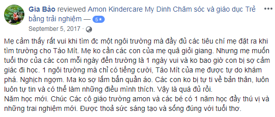 Nhận xét, đánh giá của phụ huynh về trường mầm non Amon Kindercare tại quận Nam Từ Liêm, Bắc Từ Liêm, Hà Nội (Ảnh: FB trường)