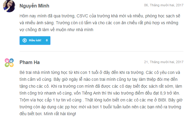 Nhận xét, đánh giá của phụ huynh về trường mầm non Bi Bi, quận Thanh Xuân, Hà Nội (Ảnh: Kiddi.vn)