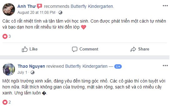 Nhận xét, đánh giá của phụ huynh về trường mầm non Butterfly tại quận Nam Từ Liêm - Hà Nội (Ảnh: FB trường)