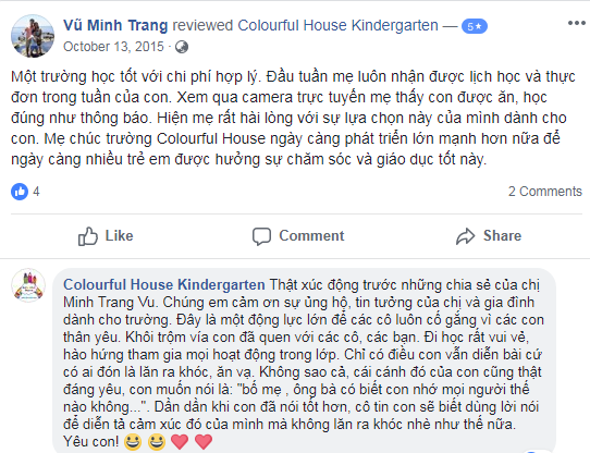 Nhận xét, đánh giá của phụ huynh về trường mầm non Colourful House tại Hà Nội (Ảnh: FB trường)