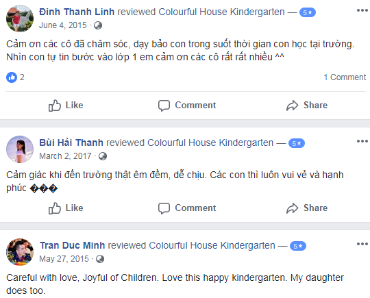 Nhận xét, đánh giá của phụ huynh về trường mầm non Colourful House tại Hà Nội (Ảnh: FB trường)