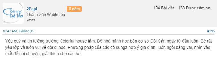 Nhận xét, đánh giá của phụ huynh về trường mầm non Colourful House tại Hà Nội (Ảnh: Webtretho)
