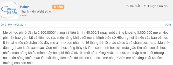 Nhận xét, đánh giá của phụ huynh về trường mầm non Colourful House tại Hà Nội (Ảnh: Webtretho)