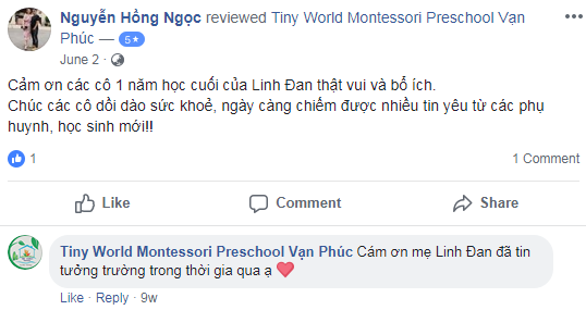 Nhận xét, đánh giá của phụ huynh về trường mầm non Thế giới Bé nhỏ - Tiny World tại quận Hoàng Mai, Hà Đông, Hà Nội (Ảnh: FB trường)
