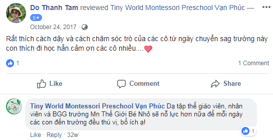 Nhận xét, đánh giá của phụ huynh về trường mầm non Thế giới Bé nhỏ - Tiny World tại quận Hoàng Mai, Hà Đông, Hà Nội (Ảnh: FB trường)