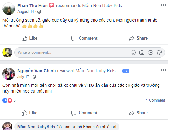 Nhận xét, đánh giá của phụ huynh về trường mầm non Ruby Kids tại quận Hà Đông, Hà Nội (Ảnh: FB trường)