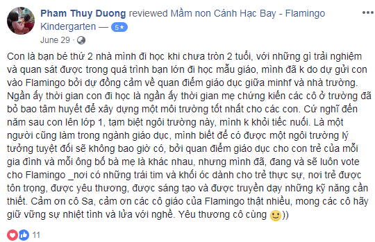 Nhận xét, đánh giá của phụ huynh về trường mầm non Cánh Hạc Bay - Flamingo tại quận Tây Hồ, Hà Nội (Ảnh: FB trường)