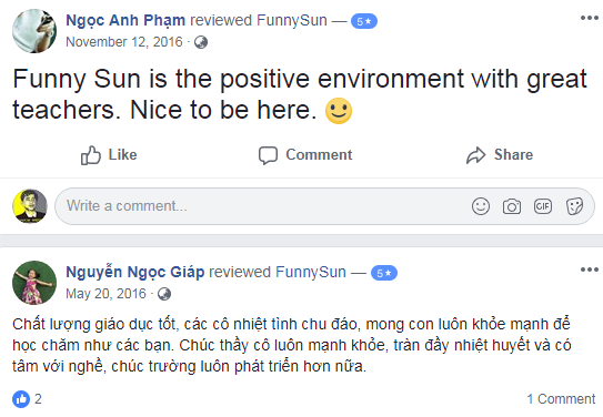 Nhận xét, đánh giá của phụ huynh về trường mầm non Funny Sun - Mặt trời vui nhộn tại quận Cầu Giấy, Hà Nội (Ảnh: FB trường)
