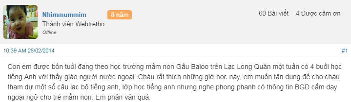 Nhận xét, đánh giá của phụ huynh về trường mầm non Gấu Baloo tại quận Tây Hồ - Hà Nội (Ảnh: Webtretho)