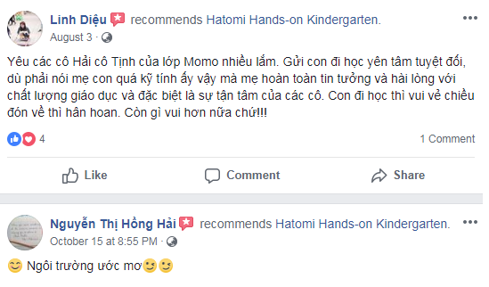 Nhận xét, đánh giá của phụ huynh về trường mầm non Hatomi tại quận Nam Từ Liêm, Hà Nội (Ảnh: FB trường)
