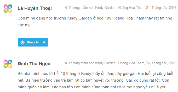Nhận xét, đánh giá của phụ huynh về trường mầm non Kindy Garden tại quận Ba Đình - Hà Nội (Ảnh: Kiddi.vn)
