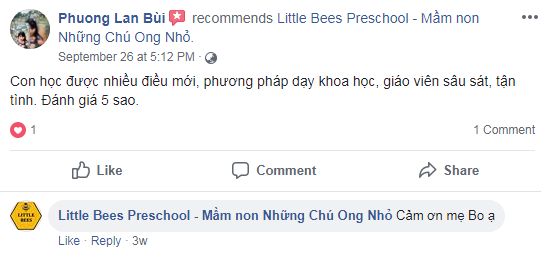 Nhận xét, đánh giá của phụ huynh về trường mầm non Little Bees - Những chú ong nhỏ tại quận Cầu Giấy, Hà Nội (Ảnh: FB trường)