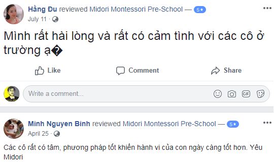 Nhận xét, đánh giá của phụ huynh về trường mầm non Midori Montessori tại quận Cầu Giấy, Hà Nội (Ảnh: FB trường)