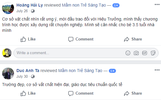 Nhận xét, đánh giá của phụ huynh về trường mầm non Trẻ Sáng Tạo - CK Kindergarten tại quận Hoàng Mai, Hà Nội (Ảnh: FB trường)