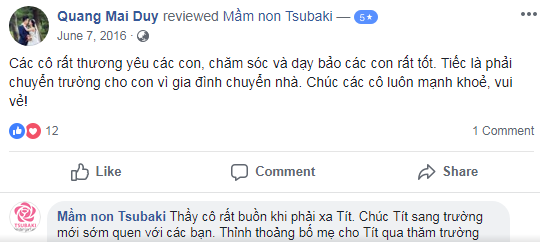 Nhận xét, đánh giá của phụ huynh về trường mầm non Tsubaki tại quận Bắc Từ Liêm và quận Hà Đông, Hà Nội (Ảnh: FB trường)
