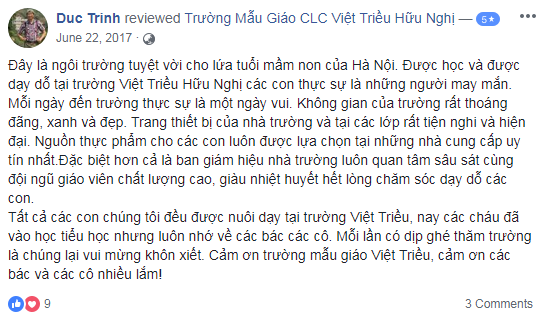 Nhận xét, đánh giá của phụ huynh về trường mầm non Việt Triều Hữu nghị tại quận Đống Đa, Hà Nội (Ảnh: FB trường)