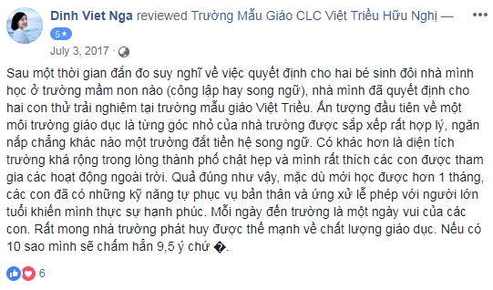 Nhận xét, đánh giá của phụ huynh về trường mầm non Việt Triều Hữu nghị tại quận Đống Đa, Hà Nội (Ảnh: FB trường)