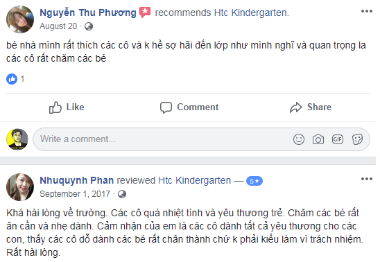 Nhận xét, đánh giá của phụ huynh về trường mầm non HTC tại quận Thanh Xuân, quận Hai Bà Trưng, Hà Nội (Ảnh: FB trường)