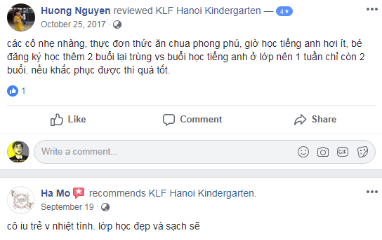 Nhận xét, đánh giá của phụ huynh về trường mầm non KFL Hanoi tại quận Nam Từ Liêm, Hà Nội (Ảnh: FB trường)