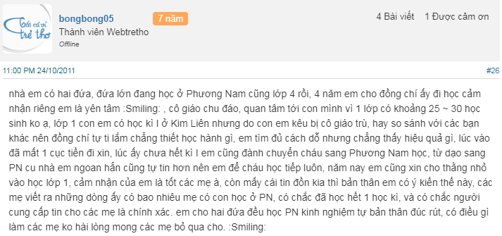 Nhận xét, đánh giá của phụ huynh về trường Tiểu học Phương Nam tại quận Hoàng Mai, Hà Nội (Ảnh: Webtretho)