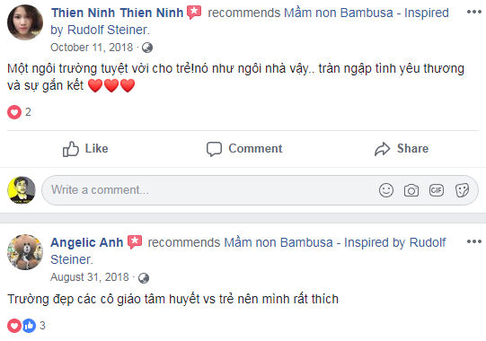 Nhận xét, đánh giá của phụ huynh về trường mầm non Bambusa tại quận Long Biên, Hà Nội (Ảnh: FB trường)