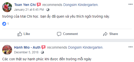 Nhận xét, đánh giá của phụ huynh về trường mầm non Dongsim tại quận Bắc Từ Liêm, Hà Nội (Ảnh: FB trường)