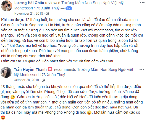Nhận xét, đánh giá của phụ huynh về trường mầm non Việt Mỹ Montessori tại Hà Nội (Ảnh: FB trường)