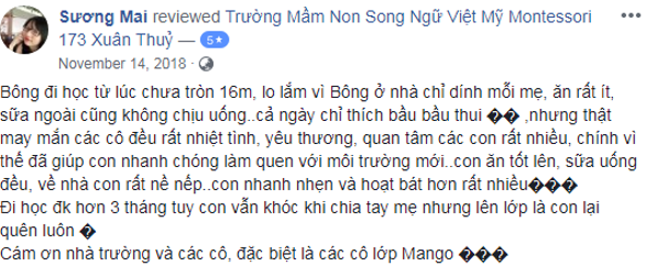 Nhận xét, đánh giá của phụ huynh về trường mầm non Việt Mỹ Montessori tại Hà Nội (Ảnh: FB trường)