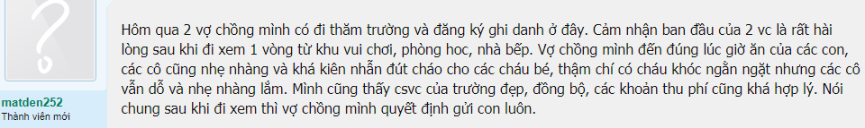Nhận xét, đánh giá của phụ huynh về trường mầm non Thiên Đường Trẻ Thơ tại quận Long Biên, Hà Nội (Ảnh: Lamchame)